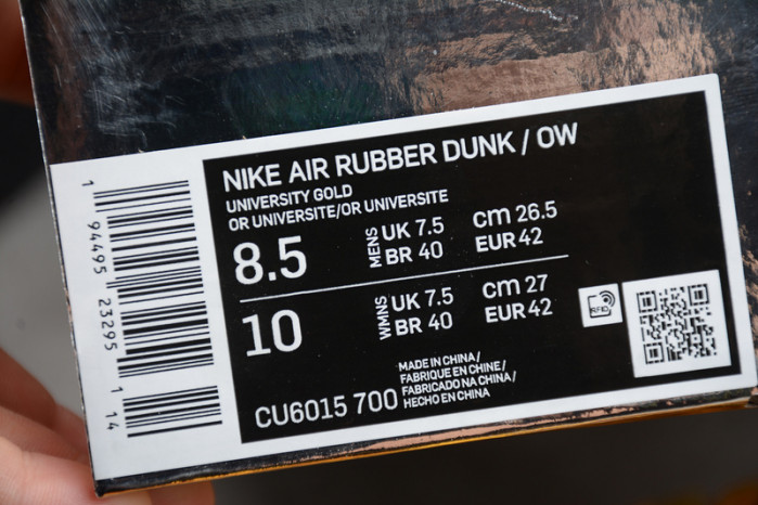 OFW x Nike Air Rubber Dunk “University Gold CU6015-700